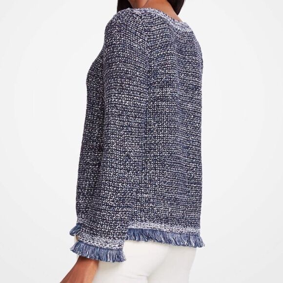 Ann Taylor Navy Blue Metallic Silver Sequin Boat Neck Fringed Knit Sweater - Picture 2 of 16
